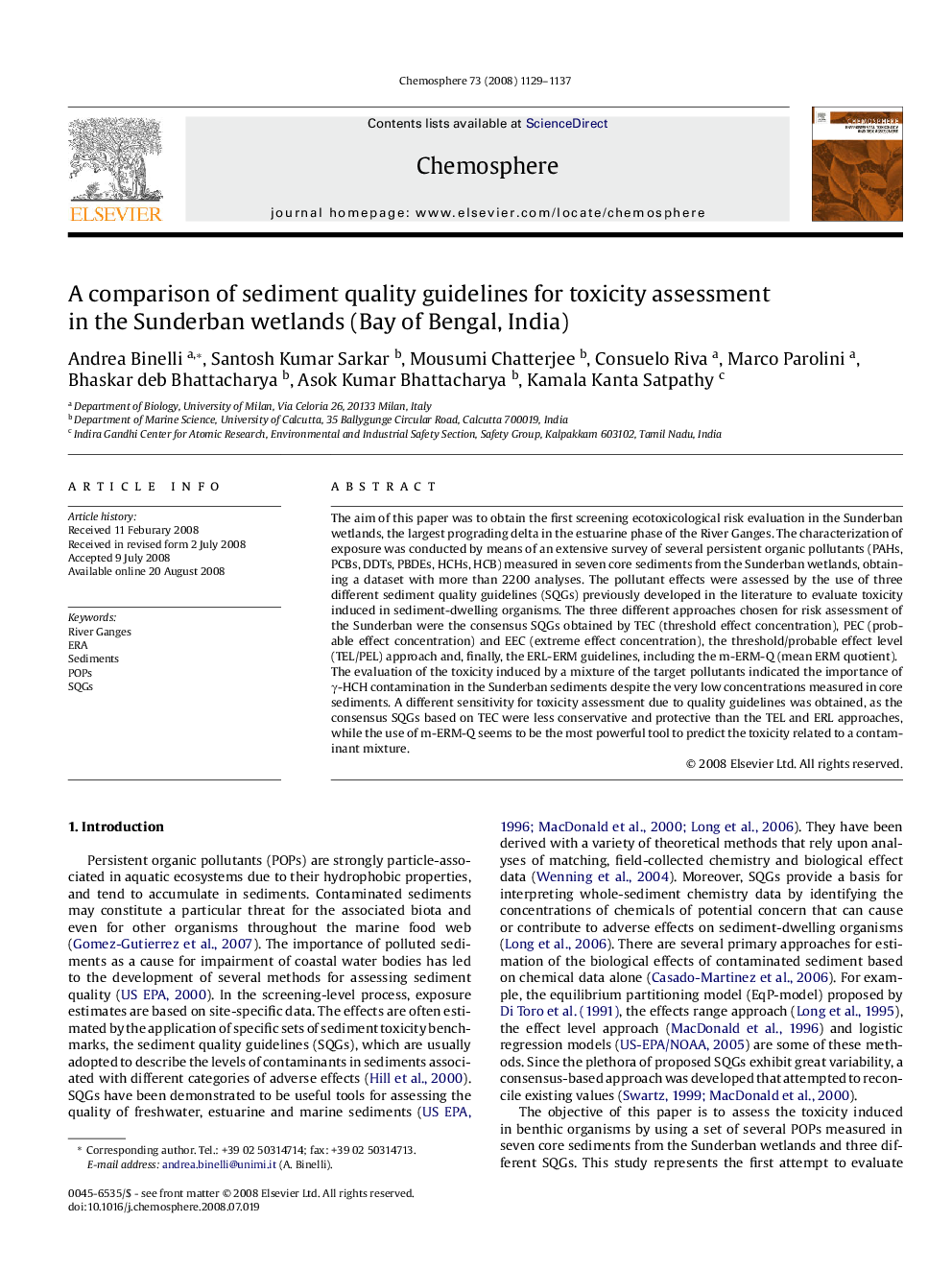 A comparison of sediment quality guidelines for toxicity assessment in the Sunderban wetlands (Bay of Bengal, India)