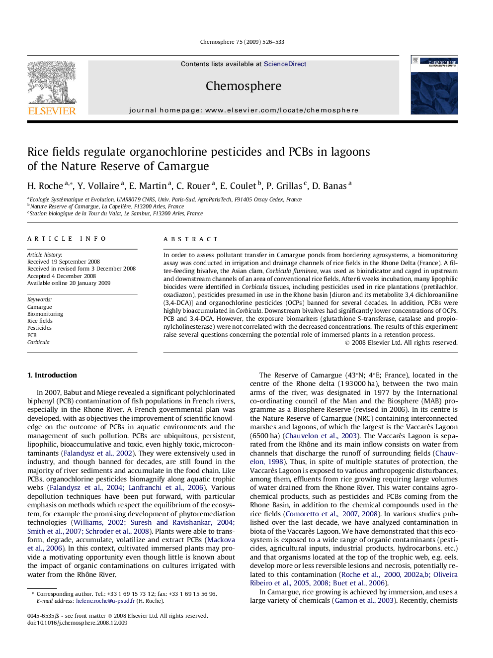 Rice fields regulate organochlorine pesticides and PCBs in lagoons of the Nature Reserve of Camargue