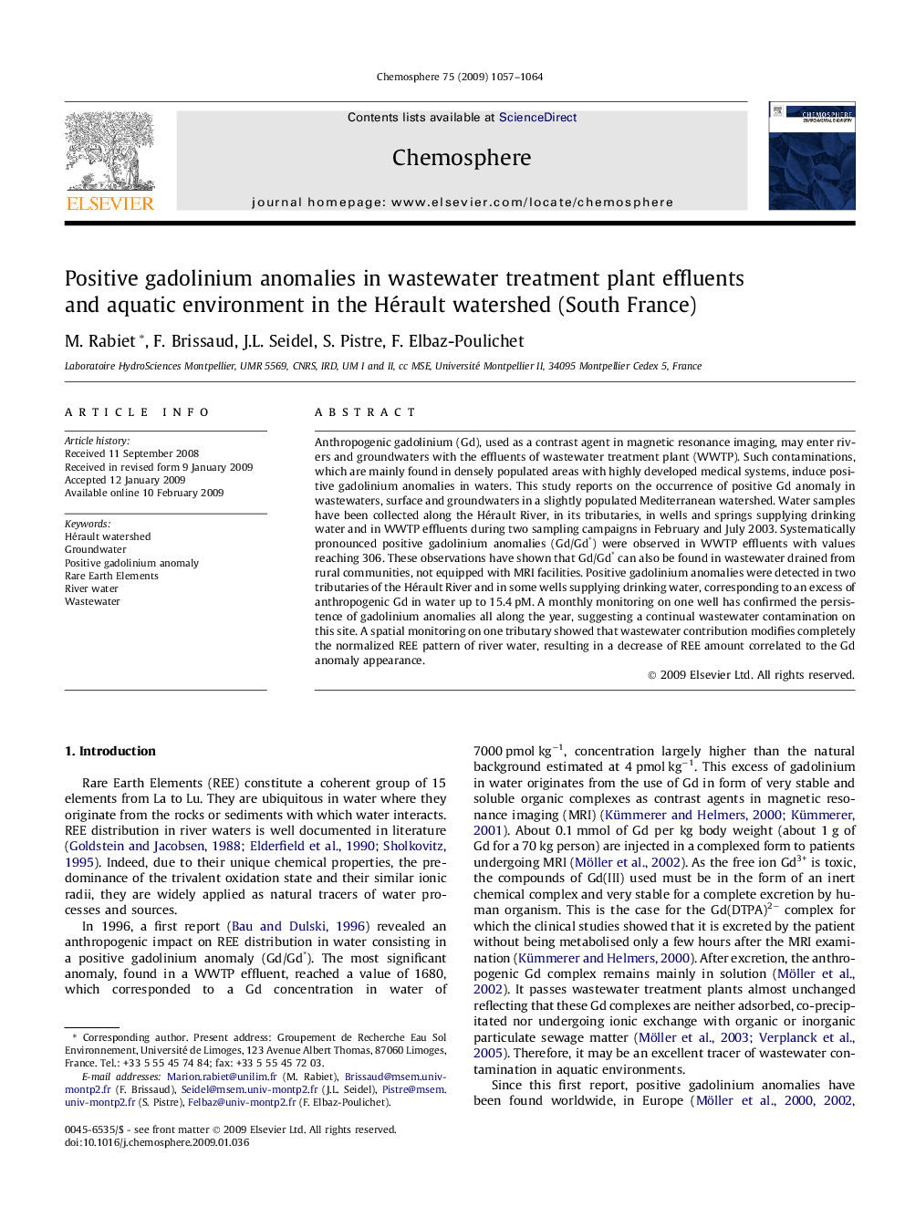 Positive gadolinium anomalies in wastewater treatment plant effluents and aquatic environment in the Hérault watershed (South France)