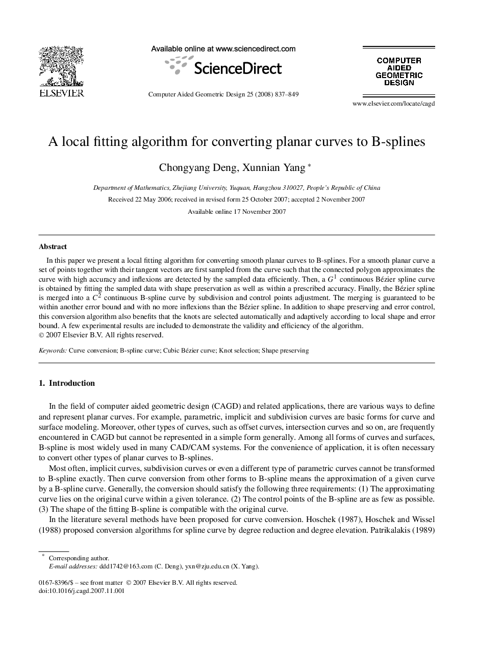 A local fitting algorithm for converting planar curves to B-splines