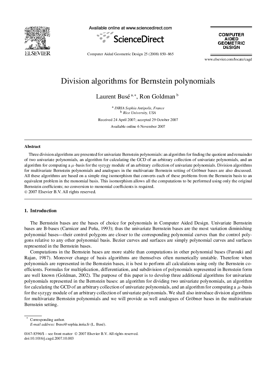 Division algorithms for Bernstein polynomials