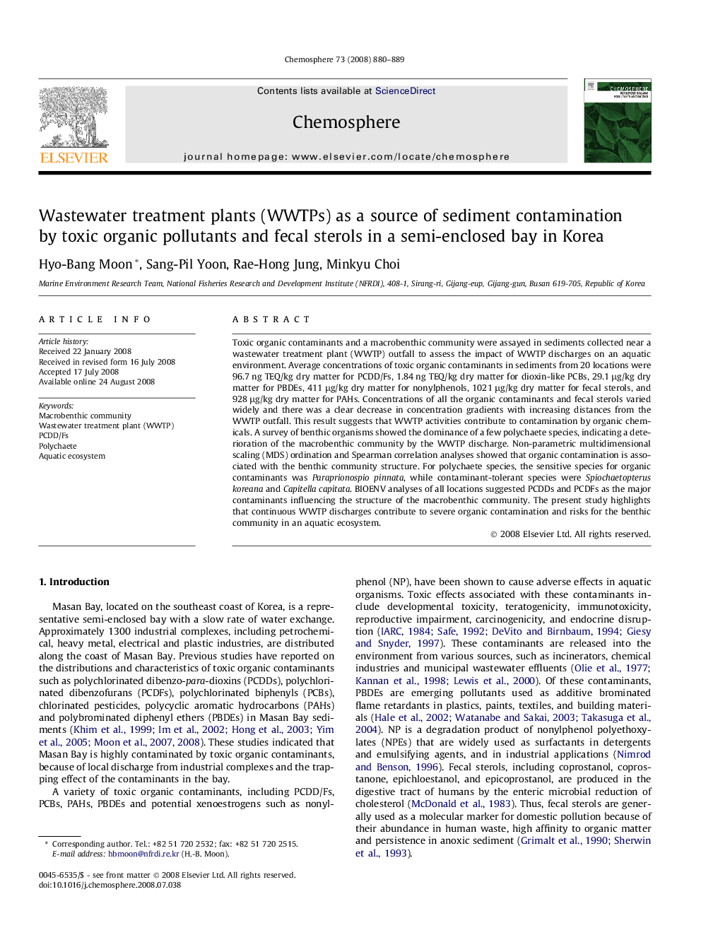 Wastewater treatment plants (WWTPs) as a source of sediment contamination by toxic organic pollutants and fecal sterols in a semi-enclosed bay in Korea