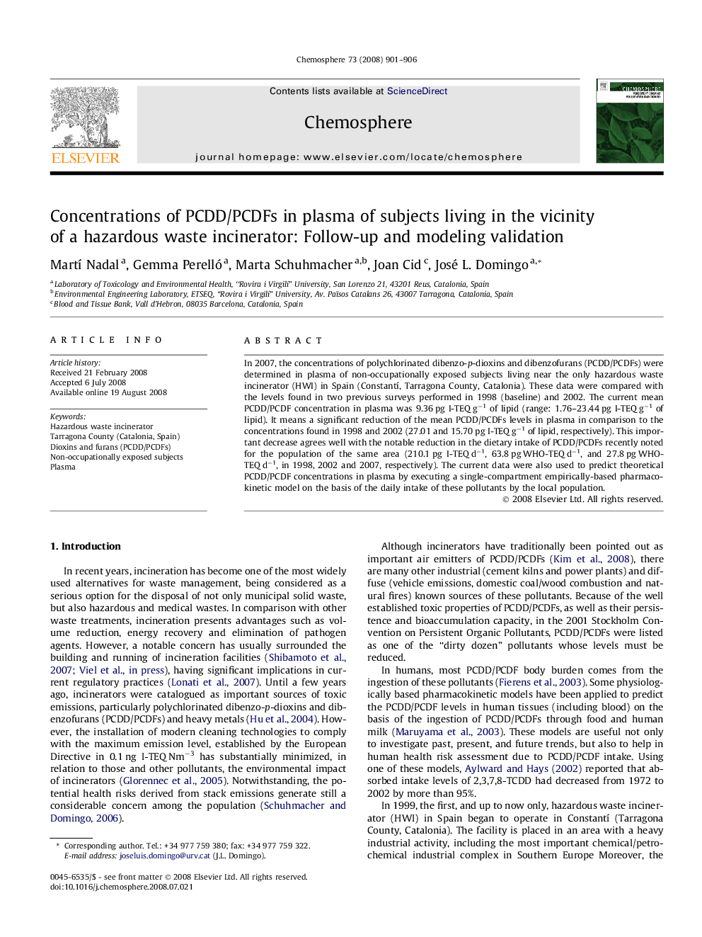 Concentrations of PCDD/PCDFs in plasma of subjects living in the vicinity of a hazardous waste incinerator: Follow-up and modeling validation