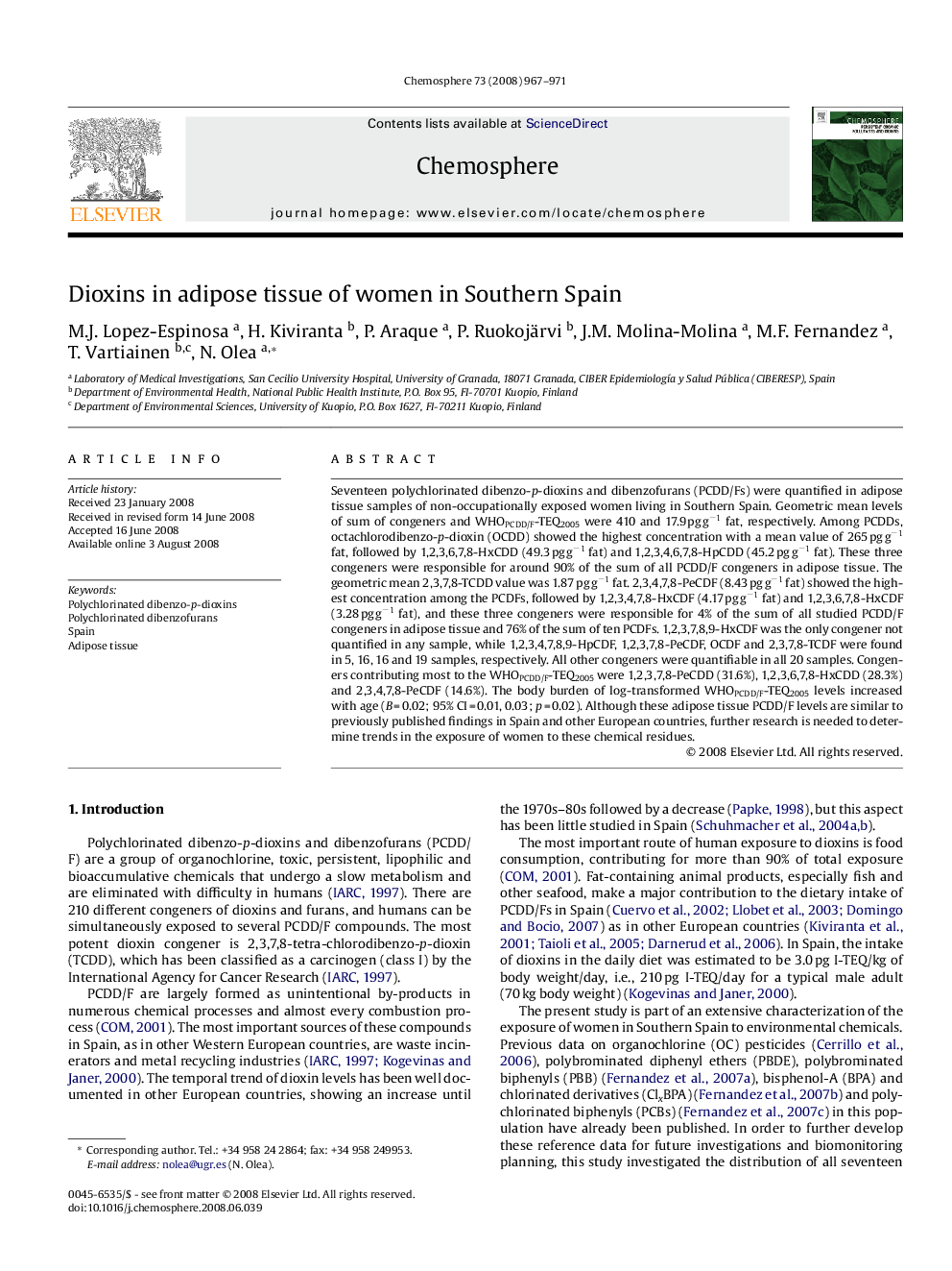 Dioxins in adipose tissue of women in Southern Spain