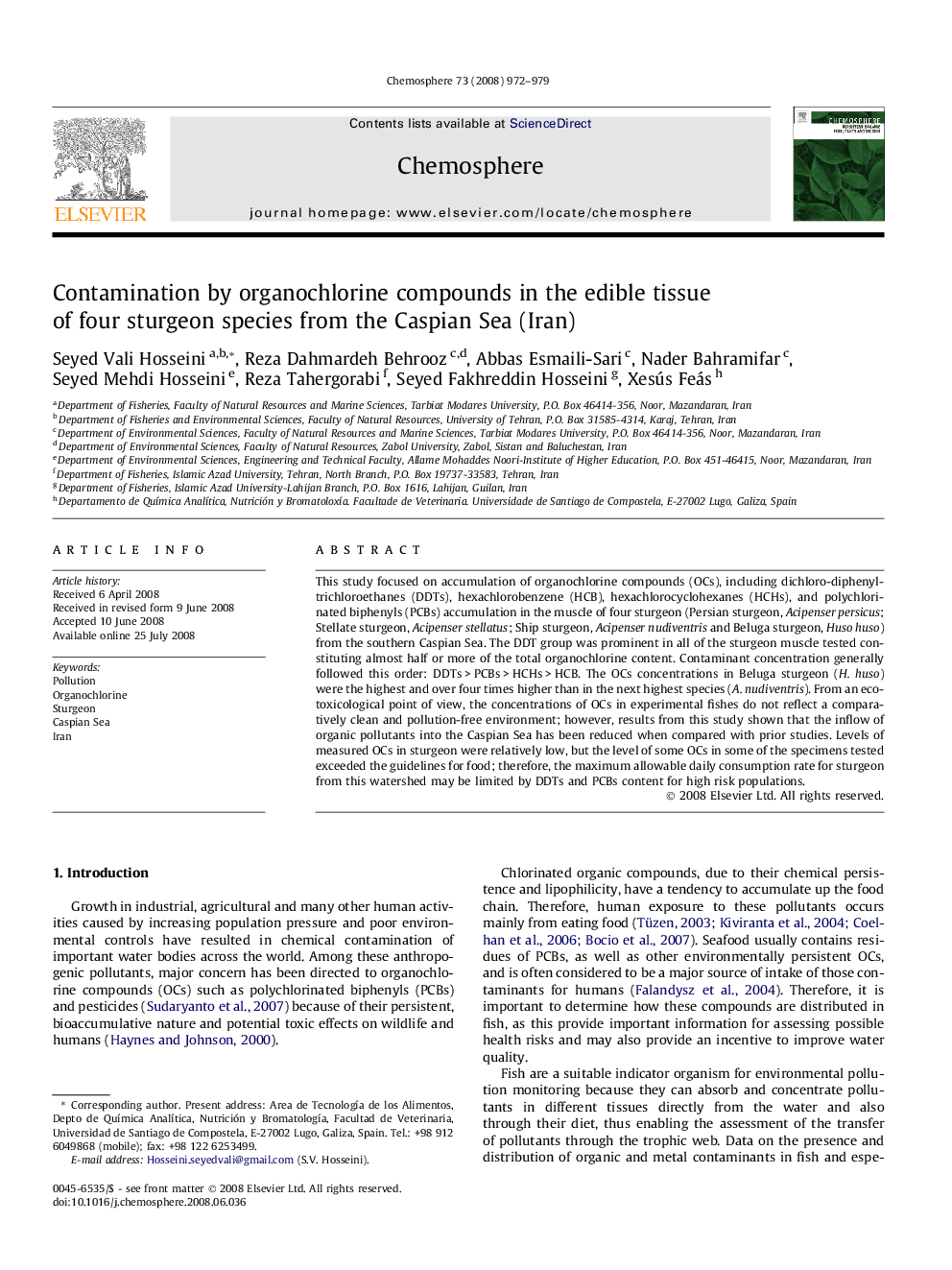 Contamination by organochlorine compounds in the edible tissue of four sturgeon species from the Caspian Sea (Iran)