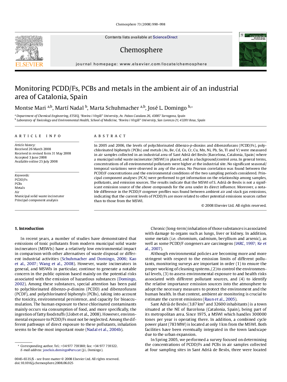 Monitoring PCDD/Fs, PCBs and metals in the ambient air of an industrial area of Catalonia, Spain