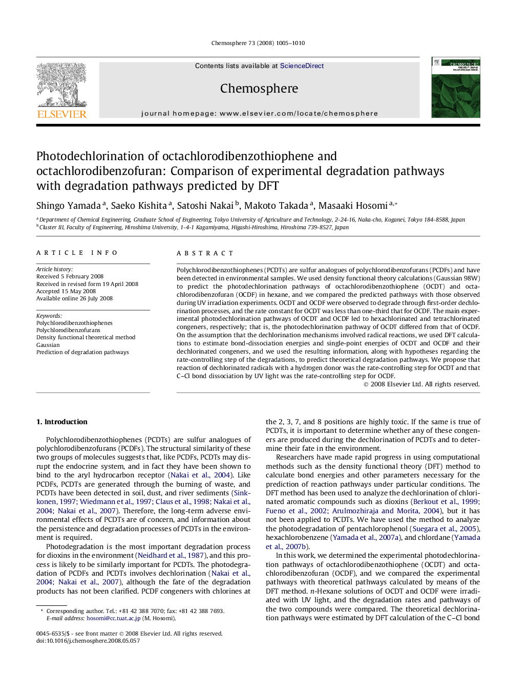 Photodechlorination of octachlorodibenzothiophene and octachlorodibenzofuran: Comparison of experimental degradation pathways with degradation pathways predicted by DFT