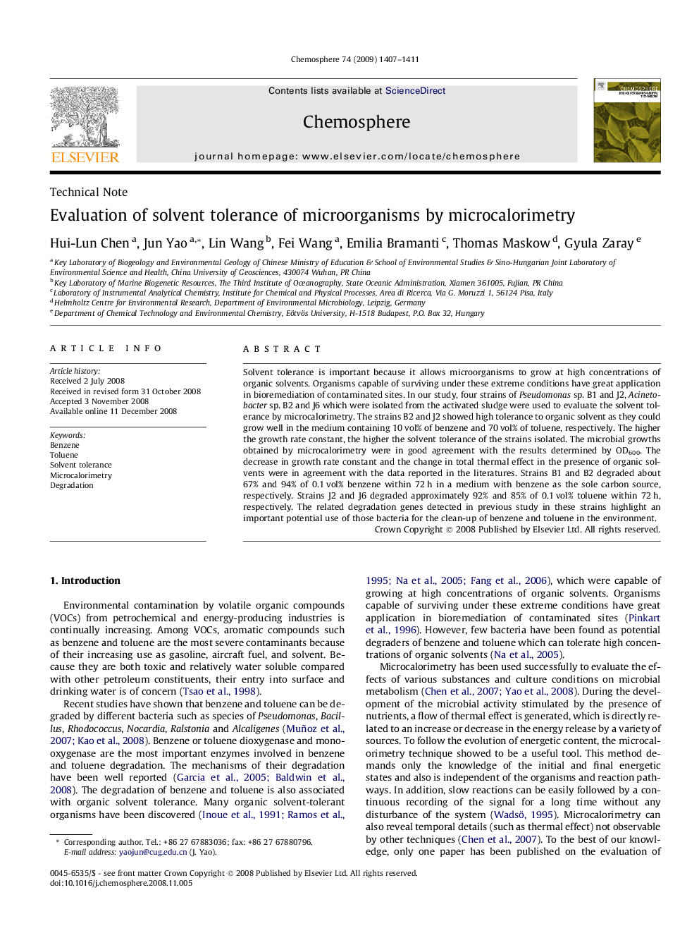 Evaluation of solvent tolerance of microorganisms by microcalorimetry