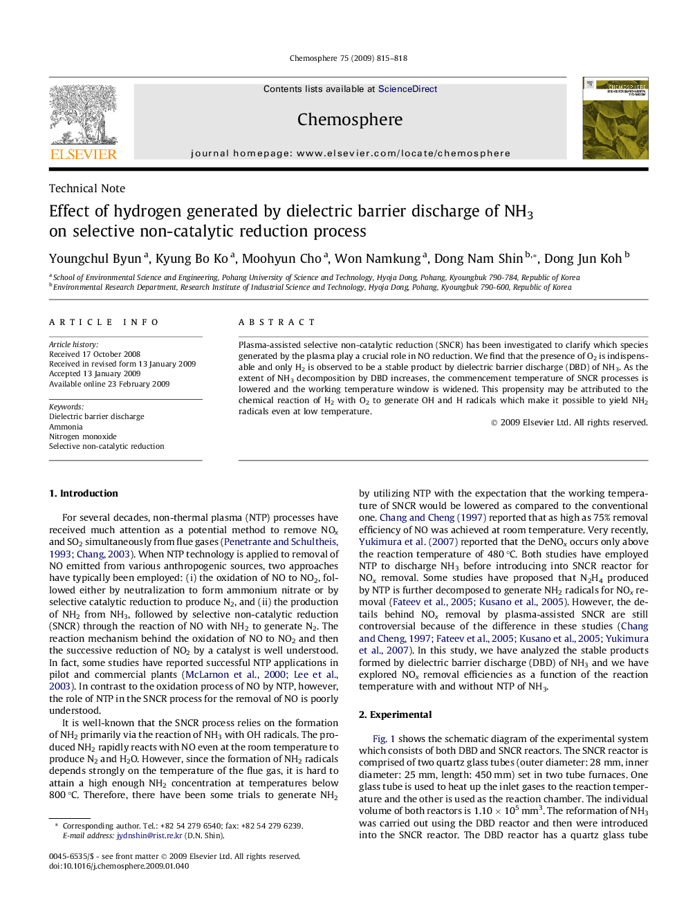 Effect of hydrogen generated by dielectric barrier discharge of NH3 on selective non-catalytic reduction process