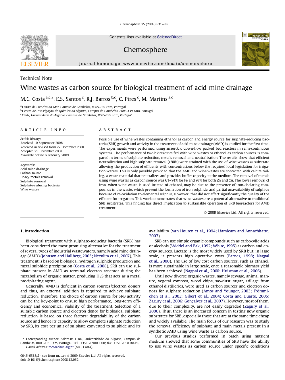 Wine wastes as carbon source for biological treatment of acid mine drainage