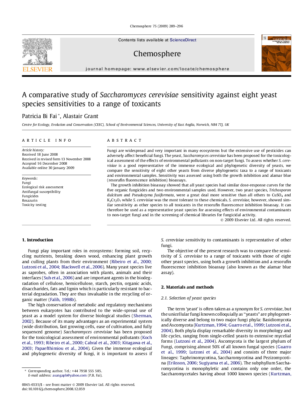 A comparative study of Saccharomyces cerevisiae sensitivity against eight yeast species sensitivities to a range of toxicants