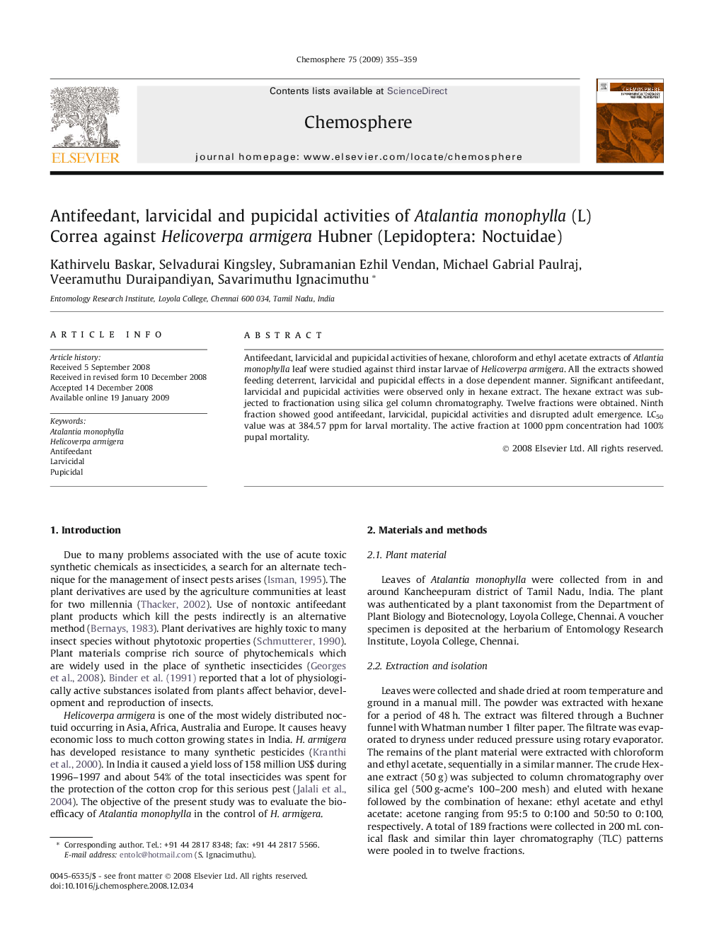 Antifeedant, larvicidal and pupicidal activities of Atalantia monophylla (L) Correa against Helicoverpa armigera Hubner (Lepidoptera: Noctuidae)