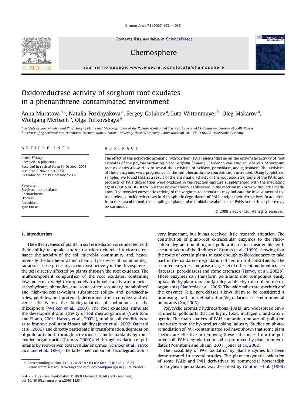 Oxidoreductase activity of sorghum root exudates in a phenanthrene-contaminated environment