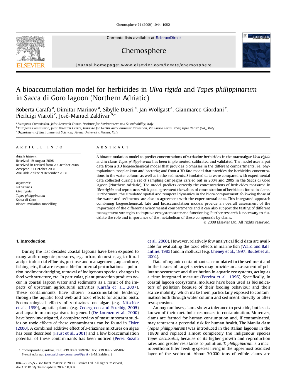 A bioaccumulation model for herbicides in Ulva rigida and Tapes philippinarum in Sacca di Goro lagoon (Northern Adriatic)