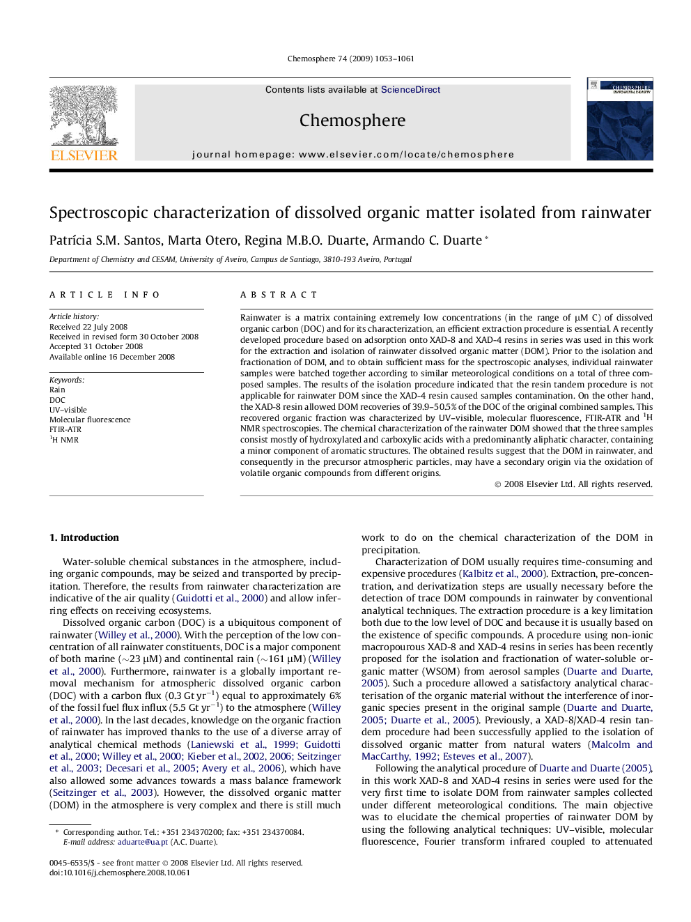 Spectroscopic characterization of dissolved organic matter isolated from rainwater