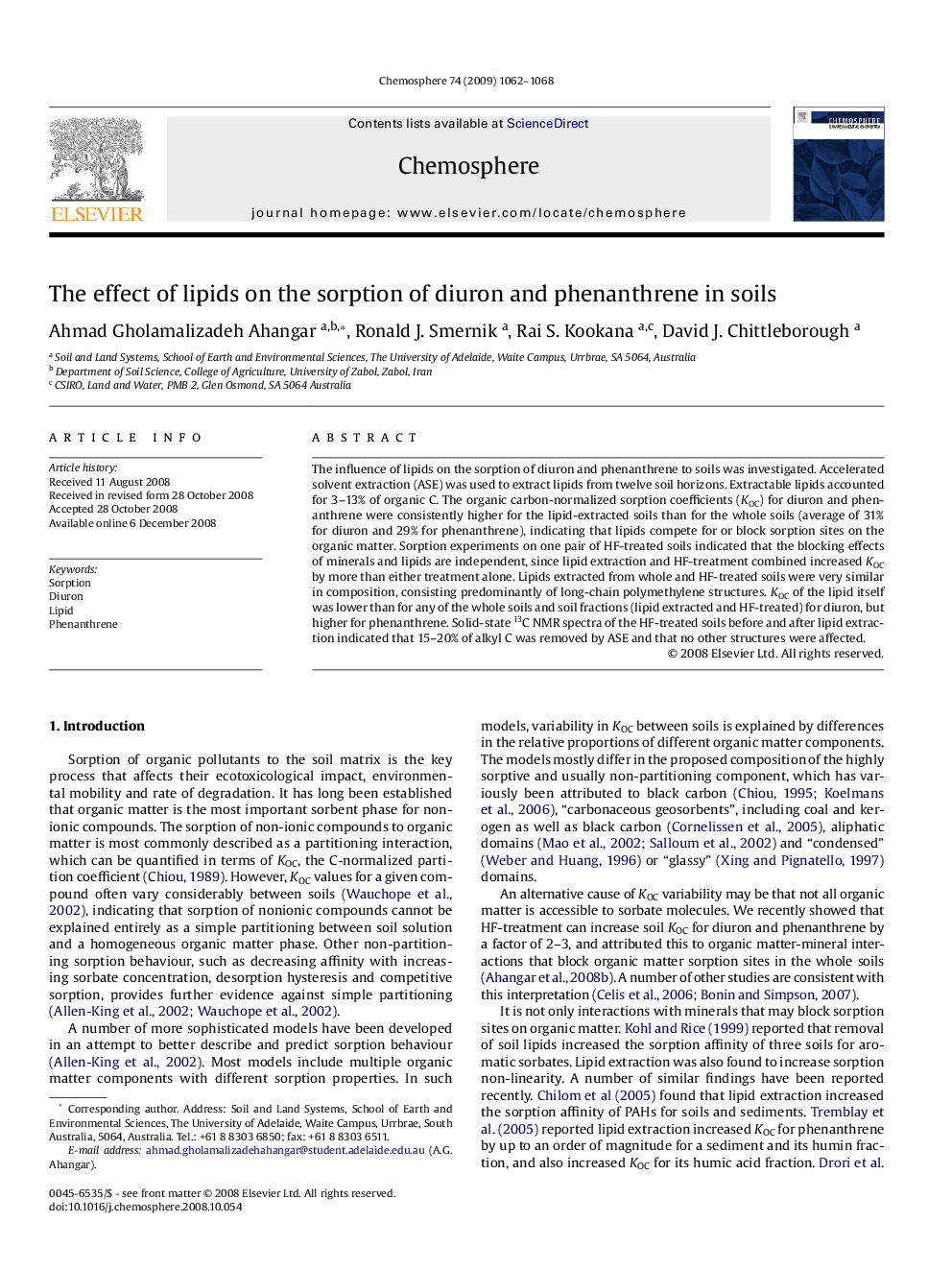 The effect of lipids on the sorption of diuron and phenanthrene in soils