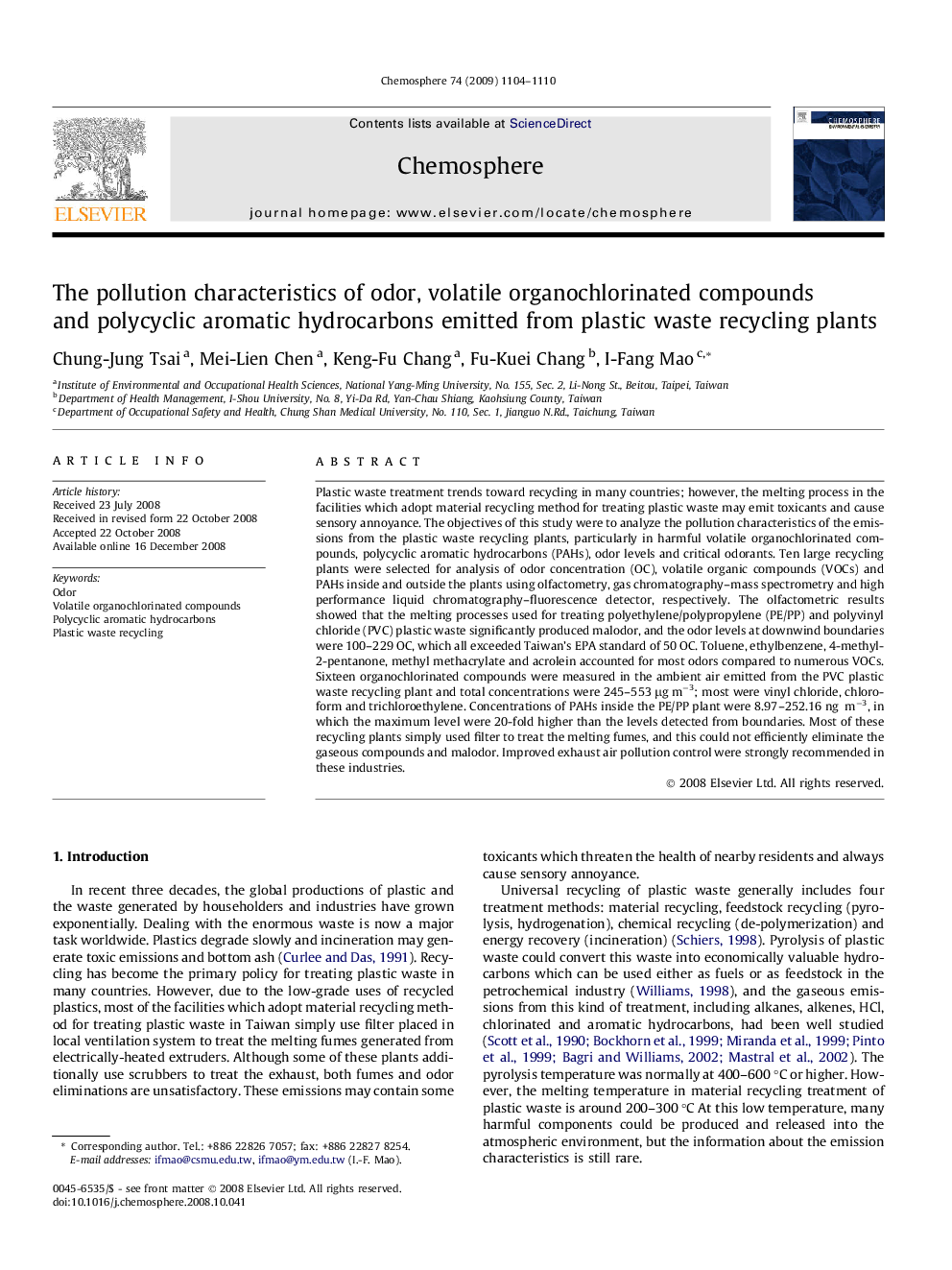 The pollution characteristics of odor, volatile organochlorinated compounds and polycyclic aromatic hydrocarbons emitted from plastic waste recycling plants