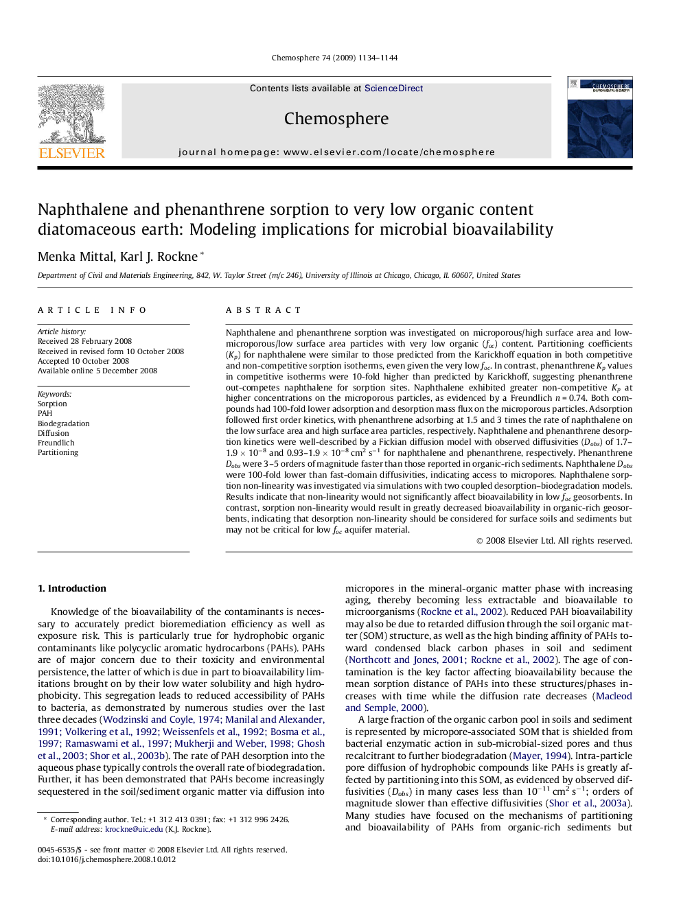 Naphthalene and phenanthrene sorption to very low organic content diatomaceous earth: Modeling implications for microbial bioavailability