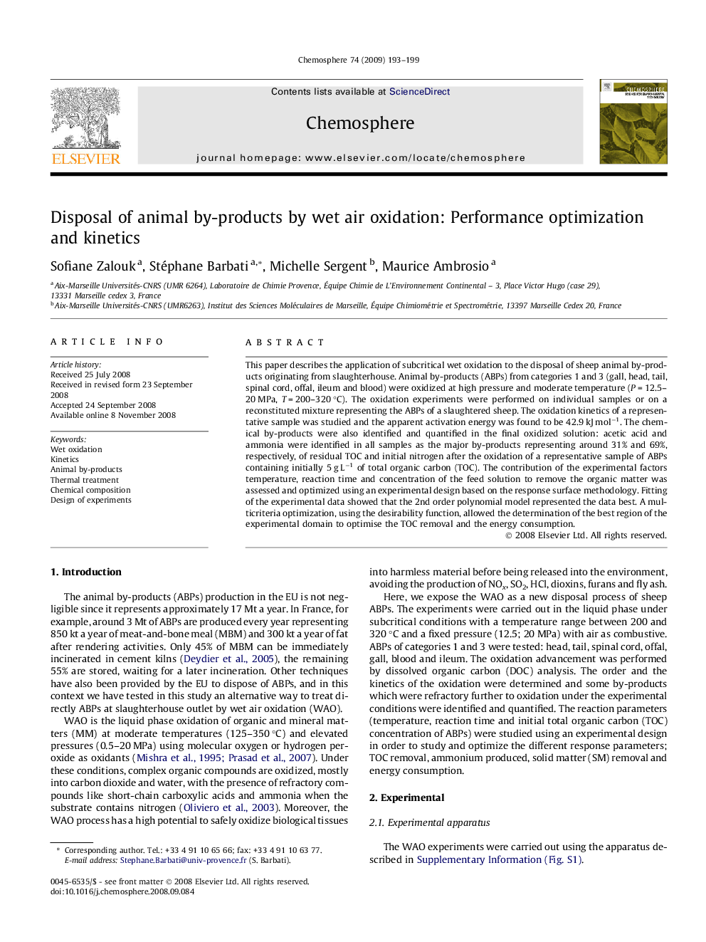 Disposal of animal by-products by wet air oxidation: Performance optimization and kinetics