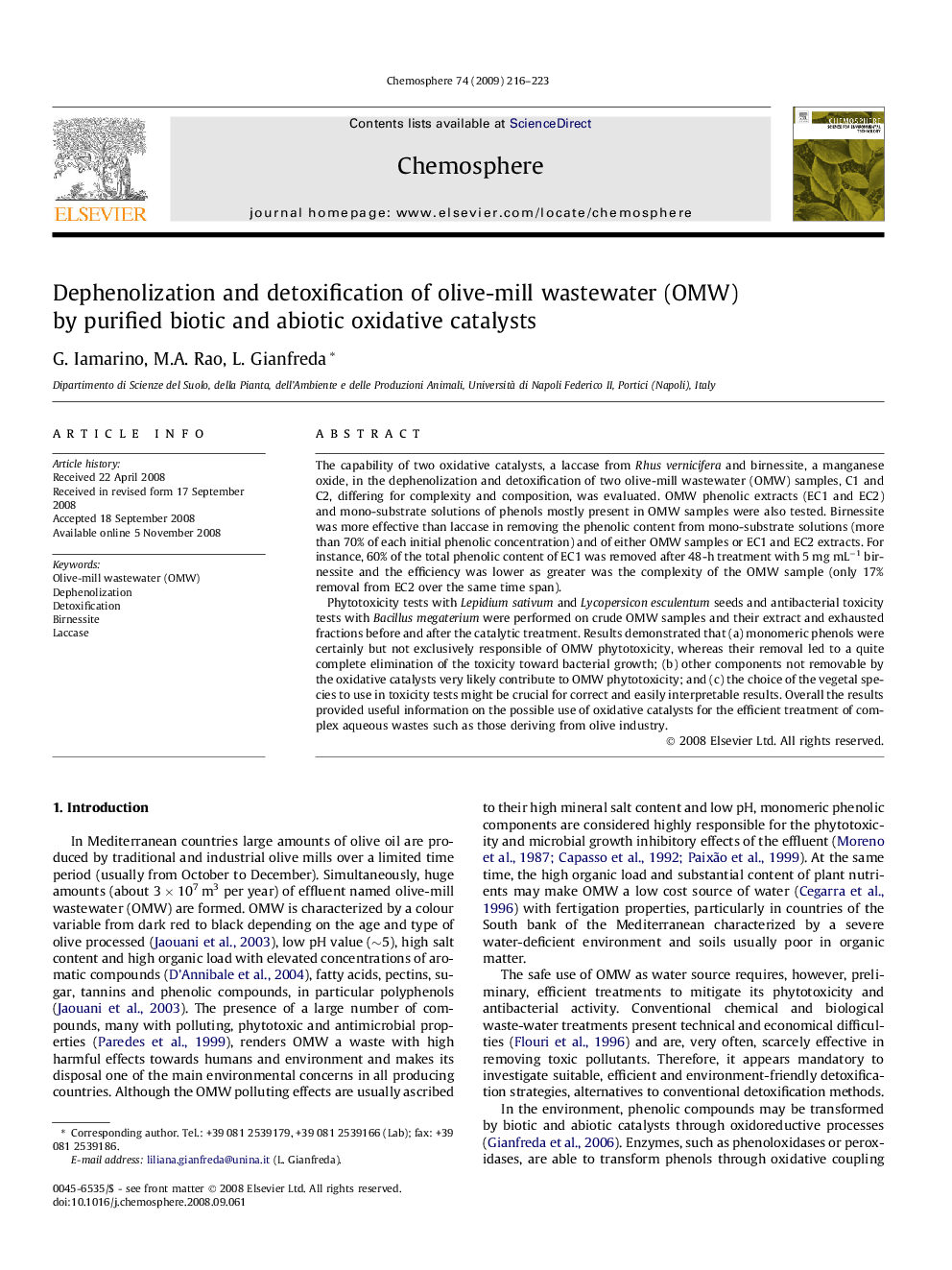 عکس صفحه اول مقاله: Dephenolization and detoxification of olive-mill wastewater (OMW) by purified biotic and abiotic oxidative catalysts Dephenolization and detoxification of olive-mill wastewater (OMW) by purified biotic and abiotic oxidative catalysts
