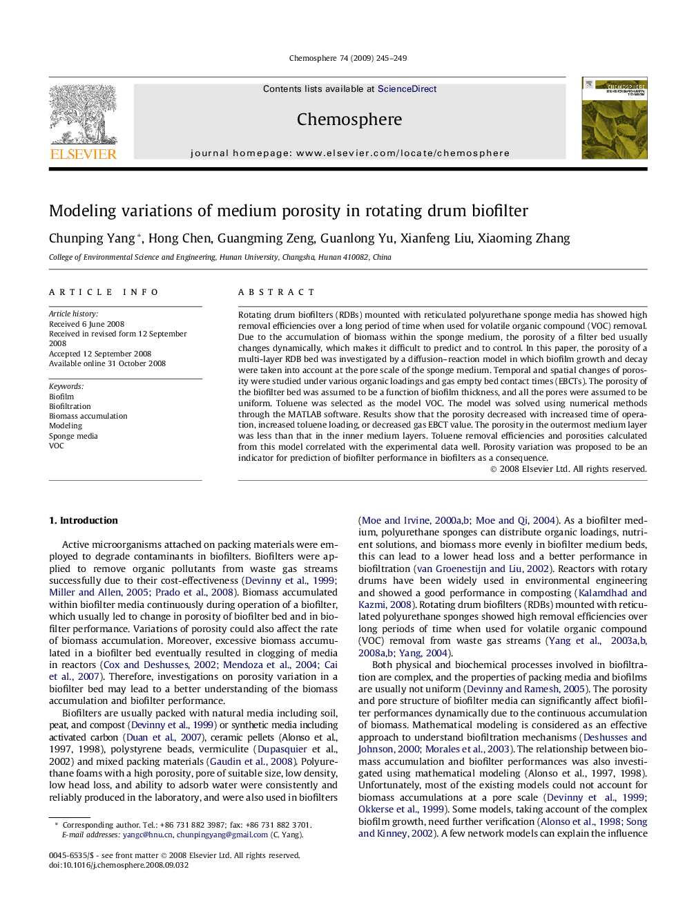 Modeling variations of medium porosity in rotating drum biofilter