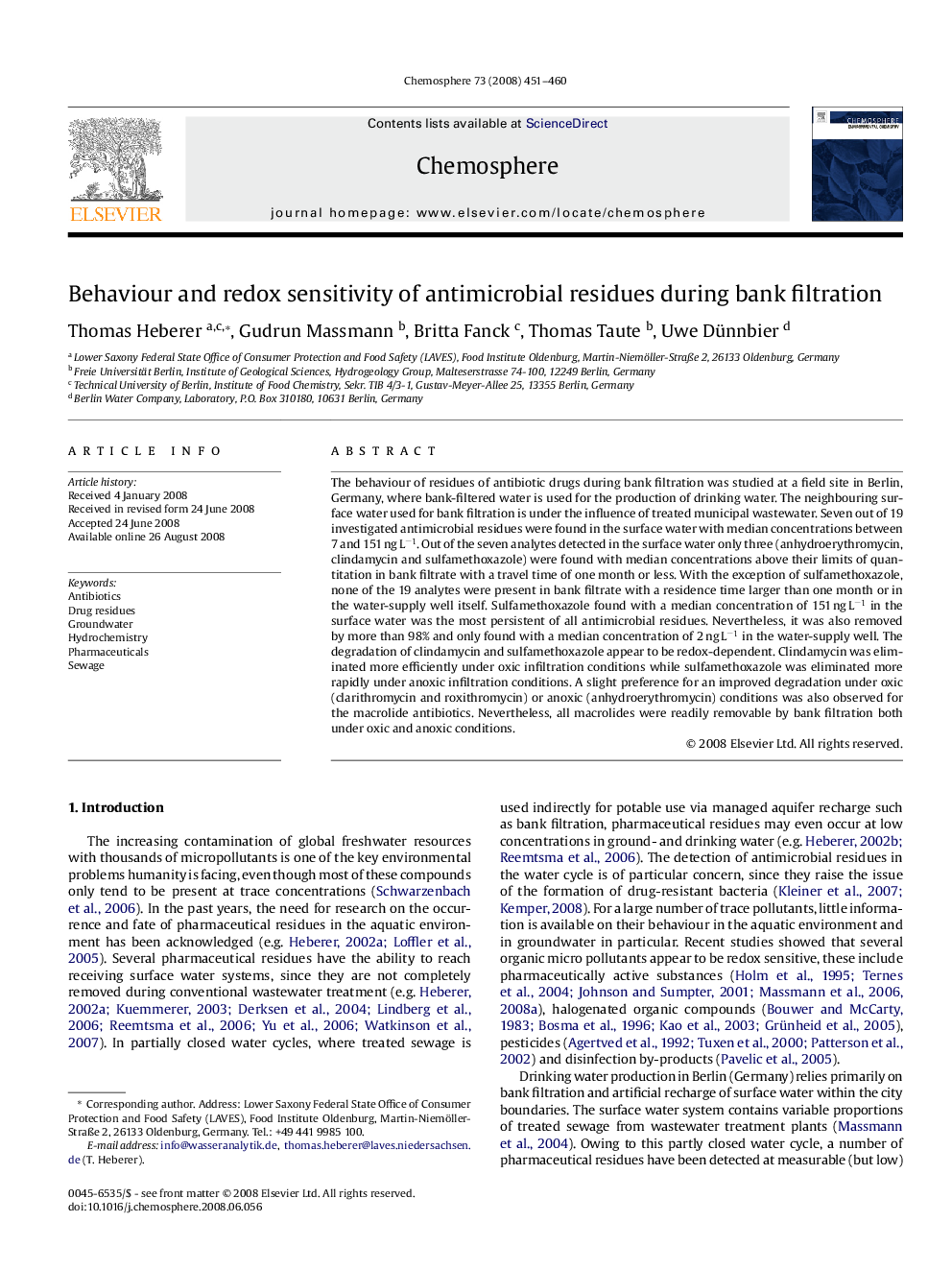 Behaviour and redox sensitivity of antimicrobial residues during bank filtration