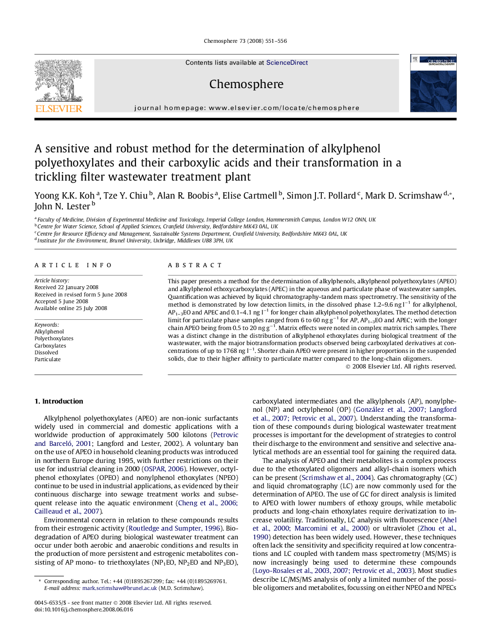 A sensitive and robust method for the determination of alkylphenol polyethoxylates and their carboxylic acids and their transformation in a trickling filter wastewater treatment plant