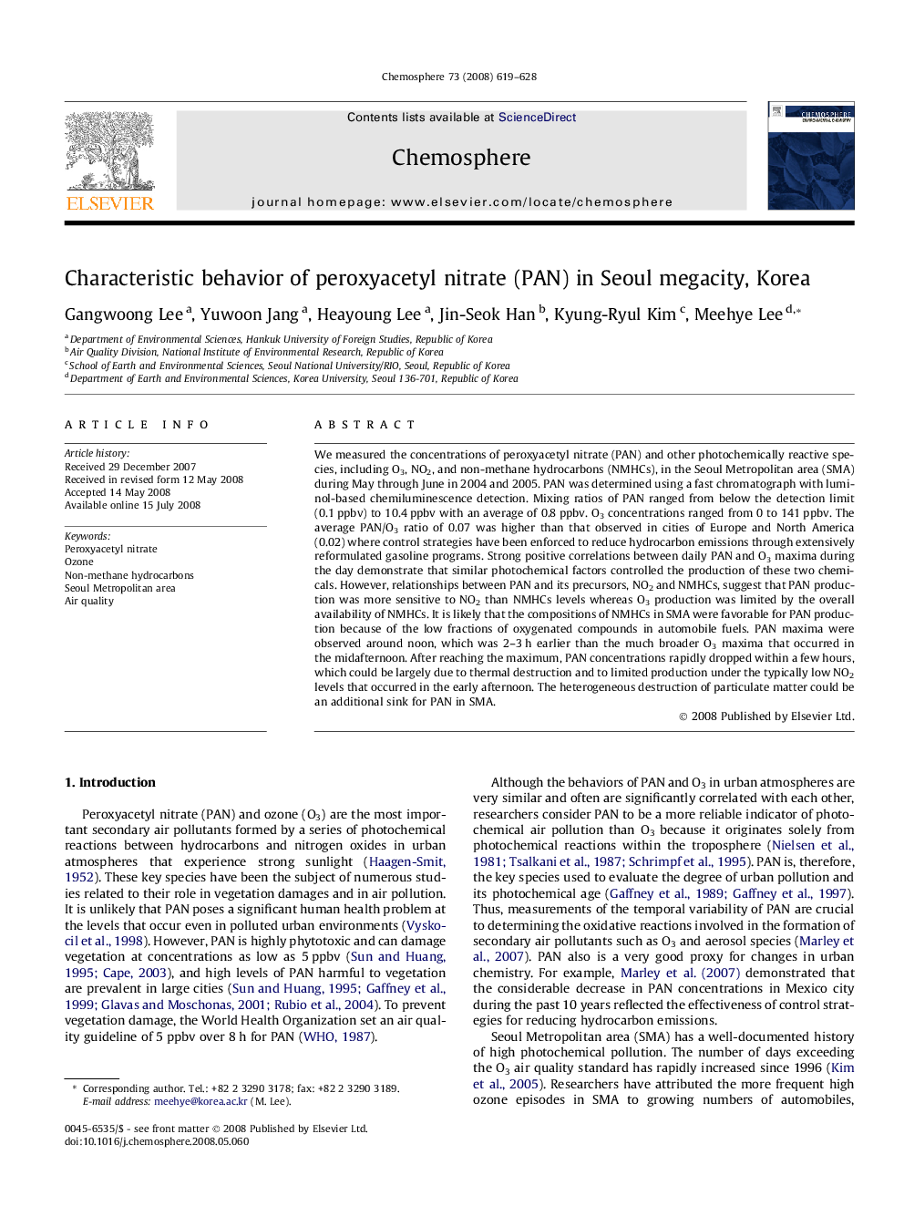 Characteristic behavior of peroxyacetyl nitrate (PAN) in Seoul megacity, Korea