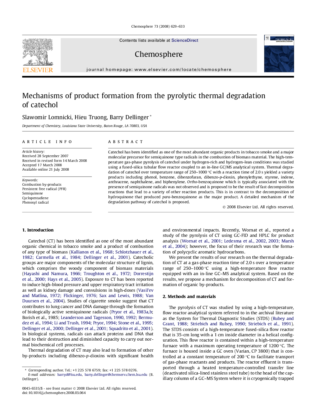 Mechanisms of product formation from the pyrolytic thermal degradation of catechol