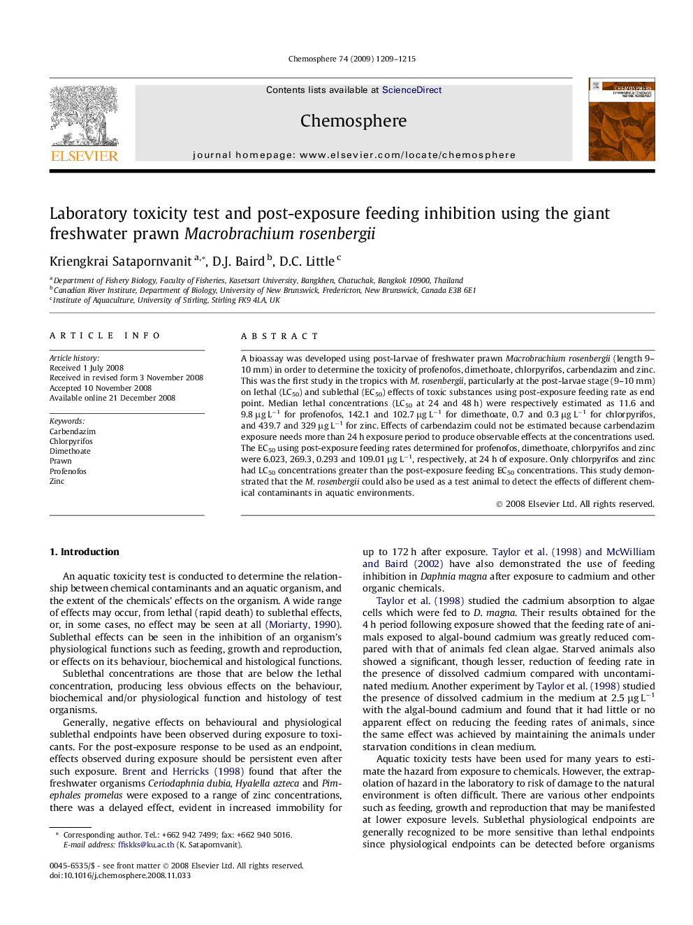 Laboratory toxicity test and post-exposure feeding inhibition using the giant freshwater prawn Macrobrachium rosenbergii