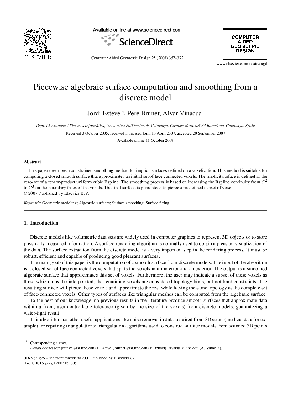 Piecewise algebraic surface computation and smoothing from a discrete model