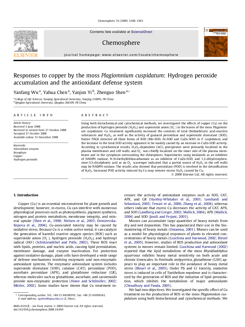 Responses to copper by the moss Plagiomnium cuspidatum: Hydrogen peroxide accumulation and the antioxidant defense system