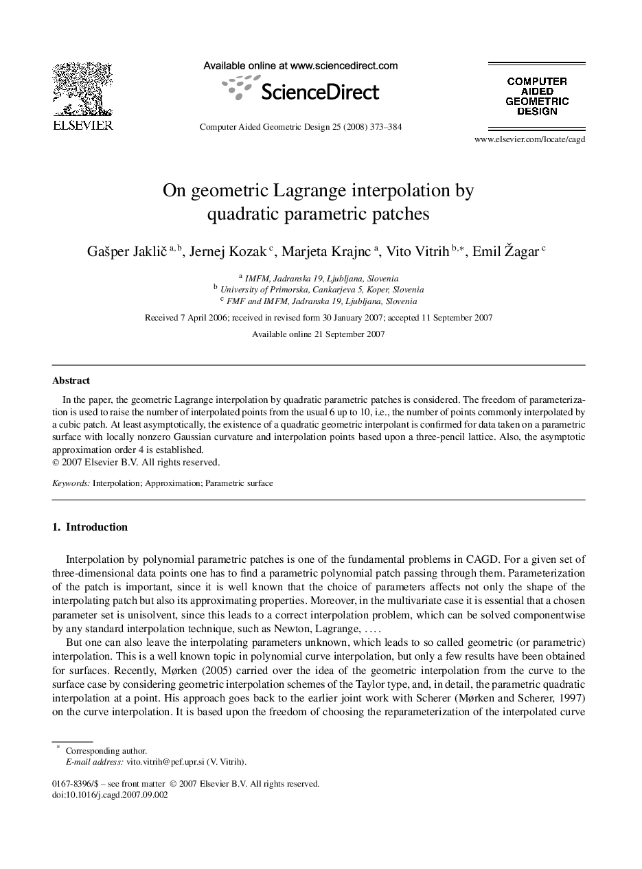 On geometric Lagrange interpolation by quadratic parametric patches