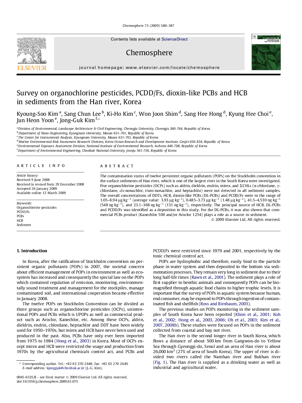 Survey on organochlorine pesticides, PCDD/Fs, dioxin-like PCBs and HCB in sediments from the Han river, Korea