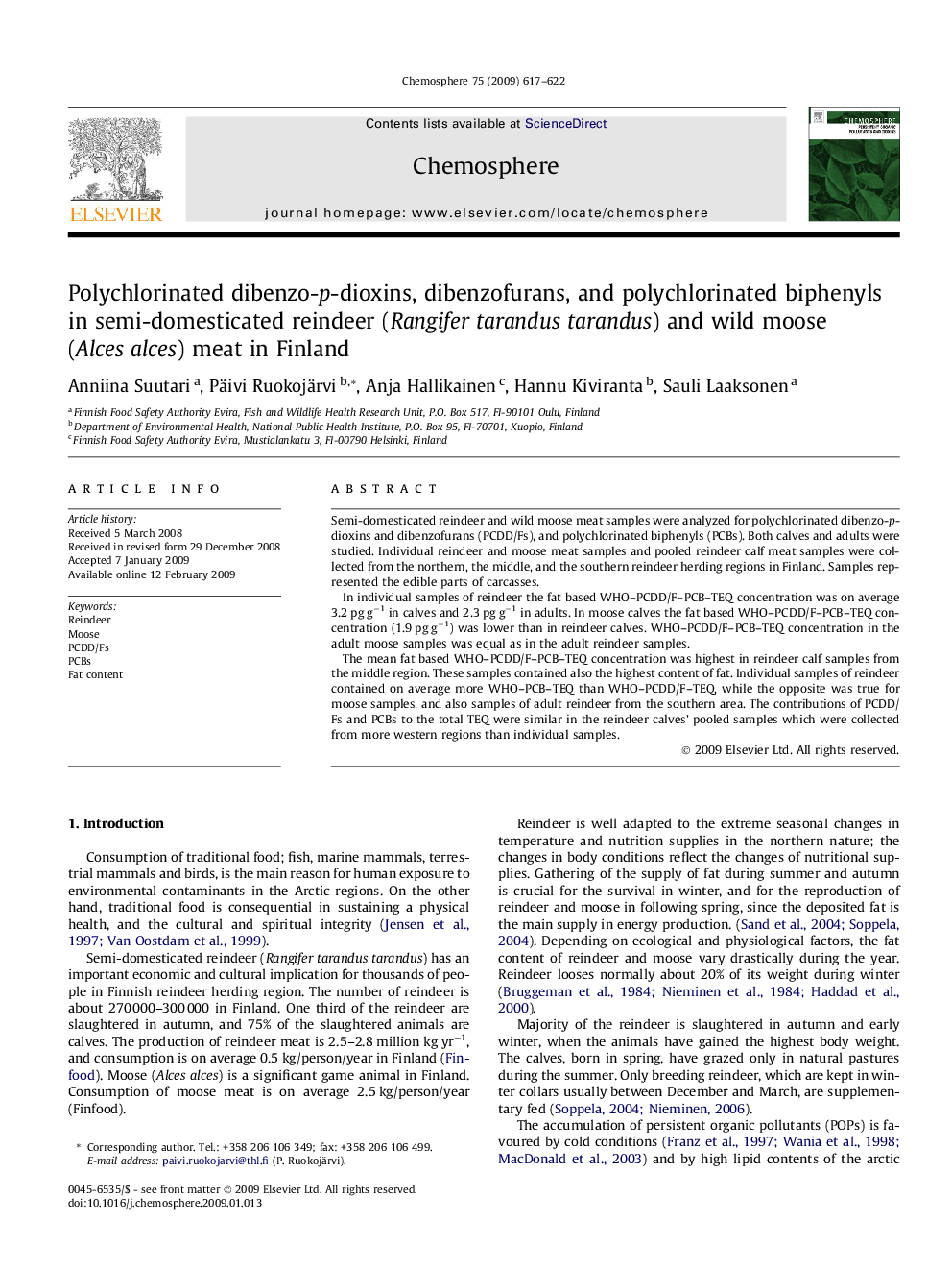 Polychlorinated dibenzo-p-dioxins, dibenzofurans, and polychlorinated biphenyls in semi-domesticated reindeer (Rangifer tarandus tarandus) and wild moose (Alces alces) meat in Finland