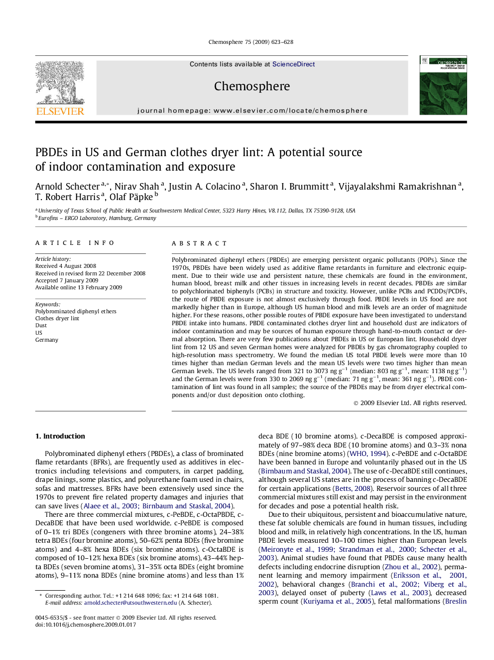 PBDEs in US and German clothes dryer lint: A potential source of indoor contamination and exposure