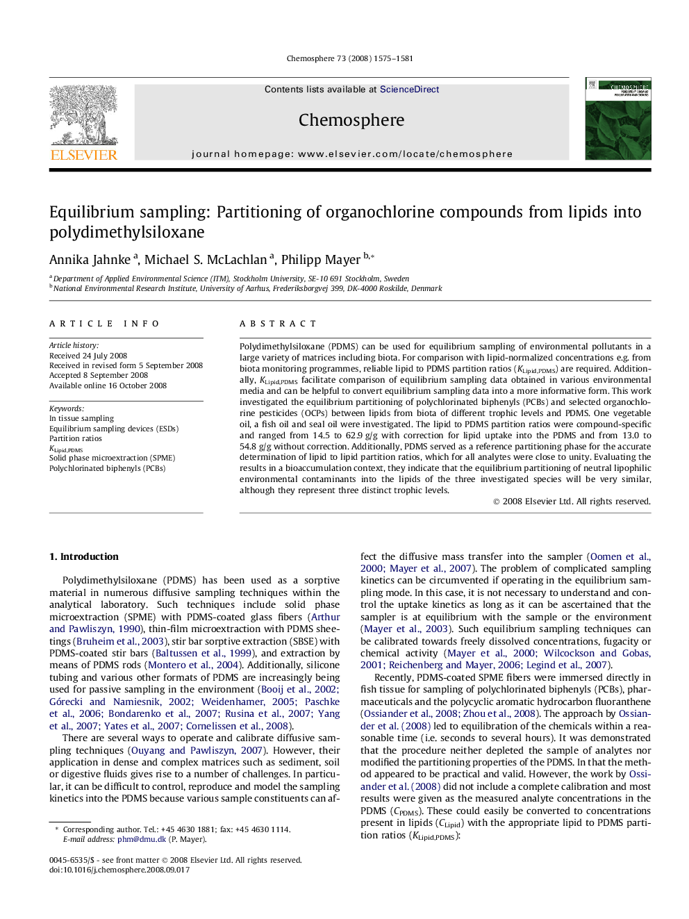 عکس صفحه اول مقاله: Equilibrium sampling: Partitioning of organochlorine compounds from lipids into polydimethylsiloxane Equilibrium sampling: Partitioning of organochlorine compounds from lipids into polydimethylsiloxane
