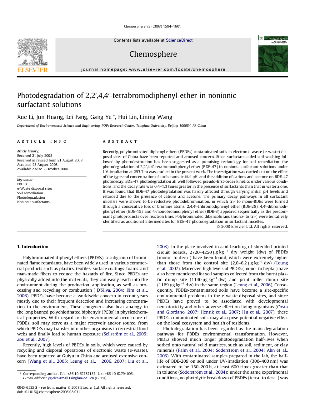 Photodegradation of 2,2′,4,4′-tetrabromodiphenyl ether in nonionic surfactant solutions