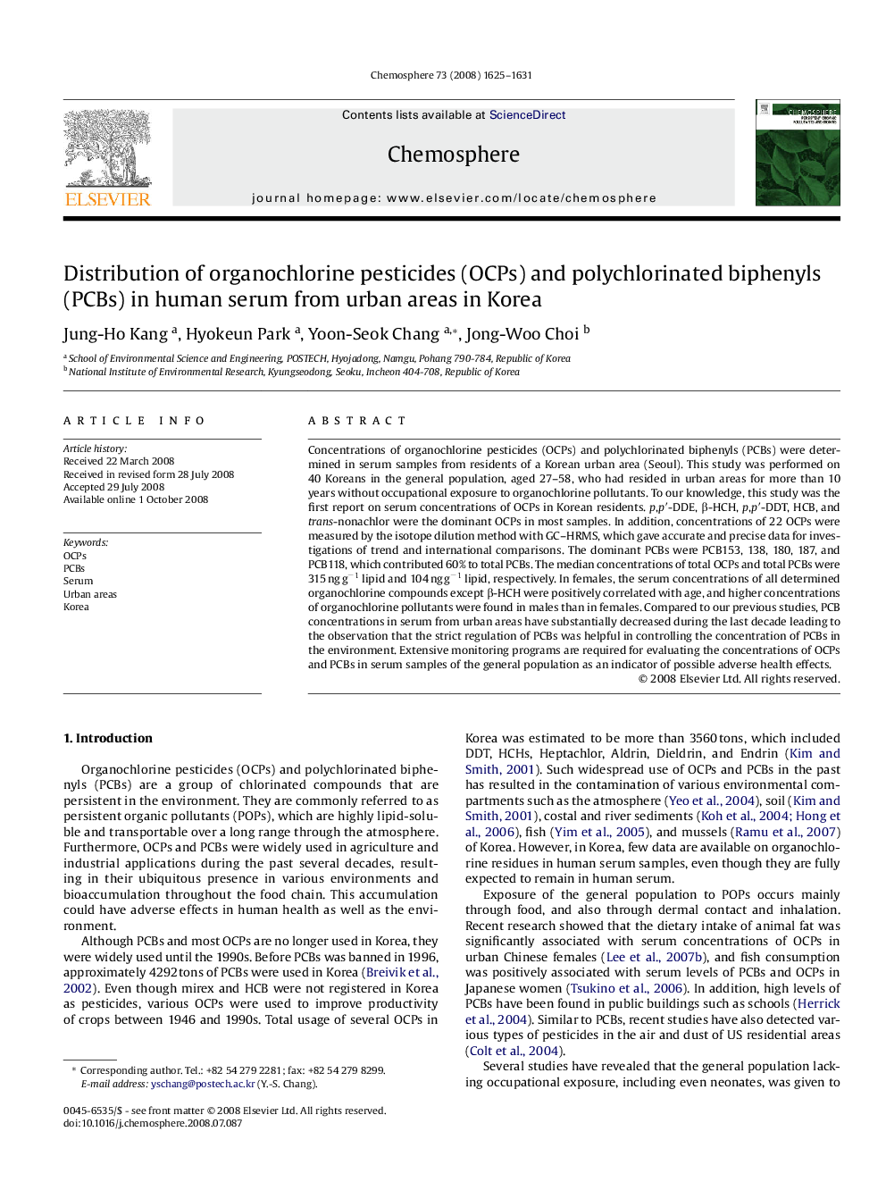 Distribution of organochlorine pesticides (OCPs) and polychlorinated biphenyls (PCBs) in human serum from urban areas in Korea