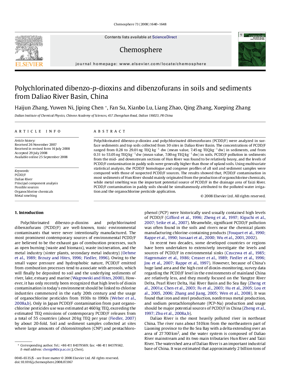 عکس صفحه اول مقاله: Polychlorinated dibenzo-p-dioxins and dibenzofurans in soils and sediments from Daliao River Basin, China Polychlorinated dibenzo-p-dioxins and dibenzofurans in soils and sediments from Daliao River Basin, China