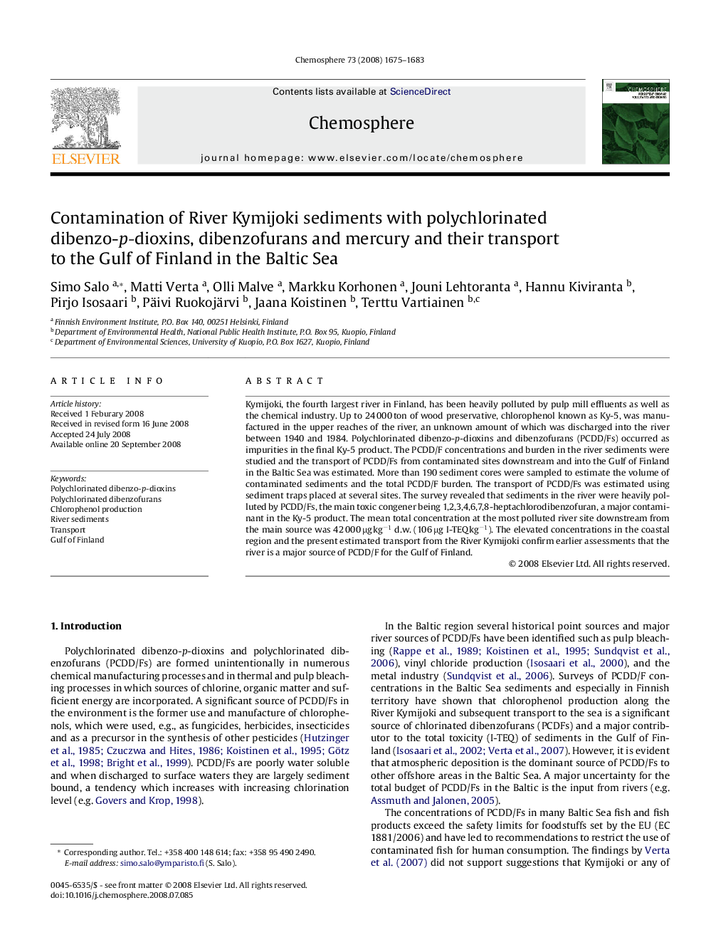 Contamination of River Kymijoki sediments with polychlorinated dibenzo-p-dioxins, dibenzofurans and mercury and their transport to the Gulf of Finland in the Baltic Sea