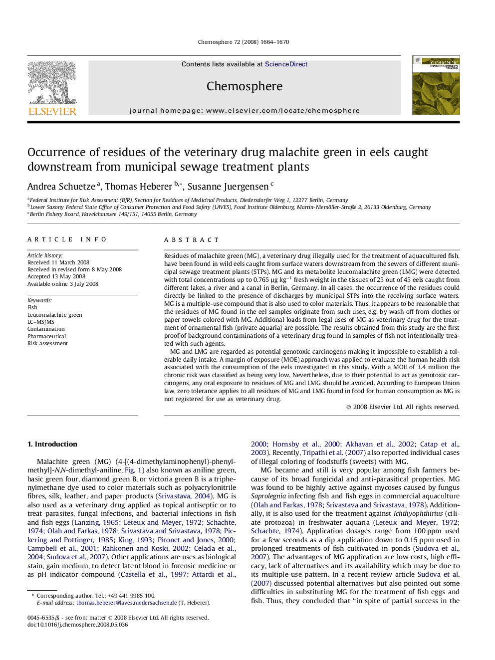 Occurrence of residues of the veterinary drug malachite green in eels caught downstream from municipal sewage treatment plants