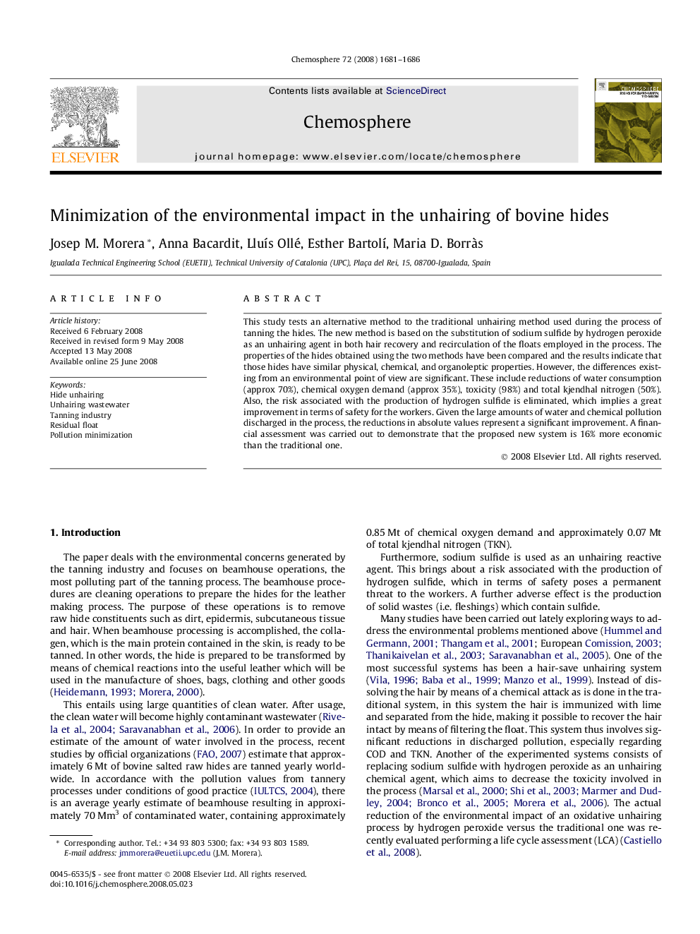 Minimization of the environmental impact in the unhairing of bovine hides