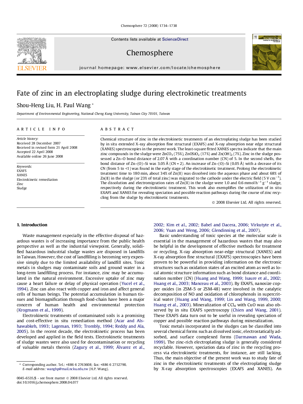 Fate of zinc in an electroplating sludge during electrokinetic treatments