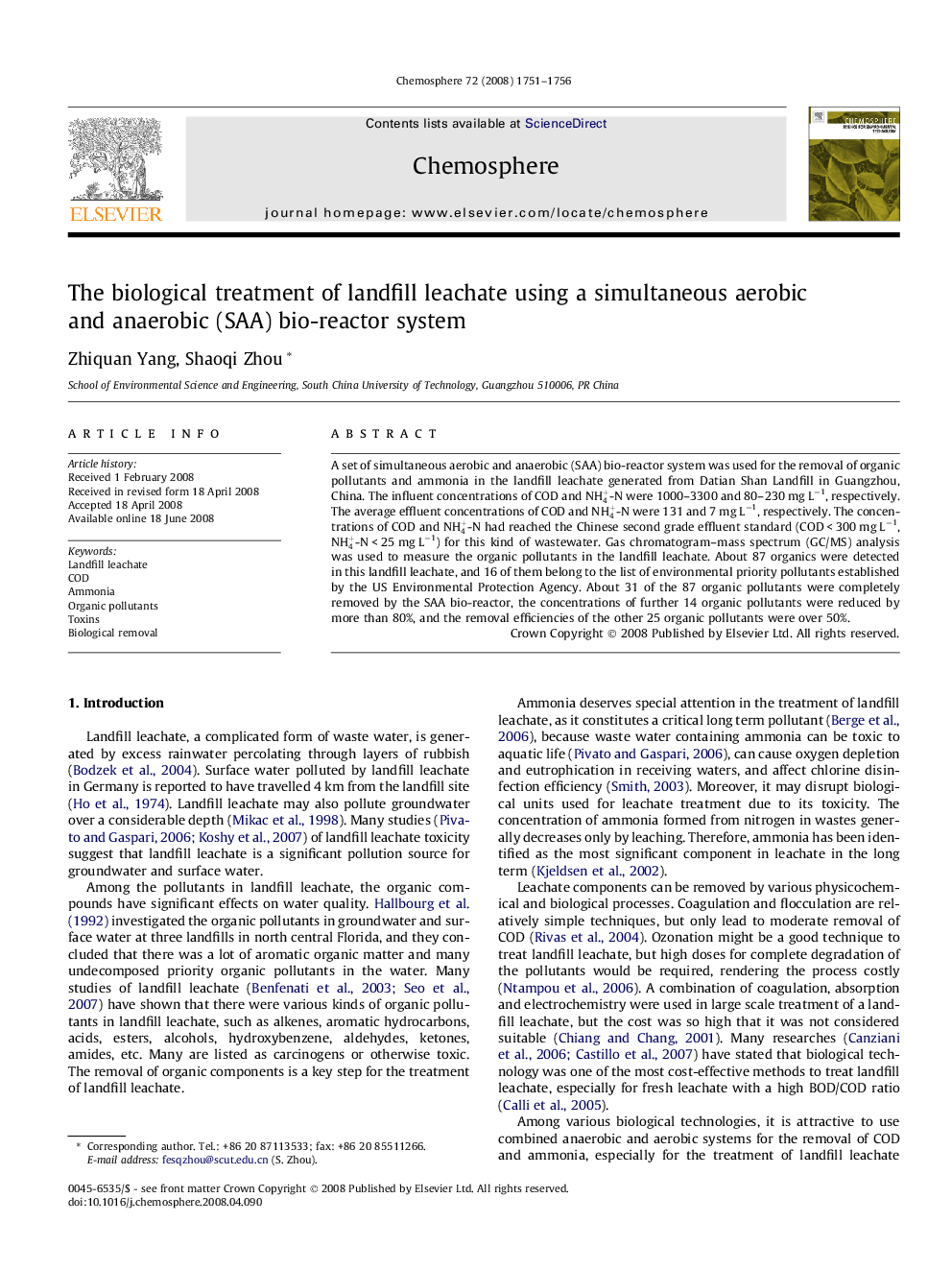 The biological treatment of landfill leachate using a simultaneous aerobic and anaerobic (SAA) bio-reactor system