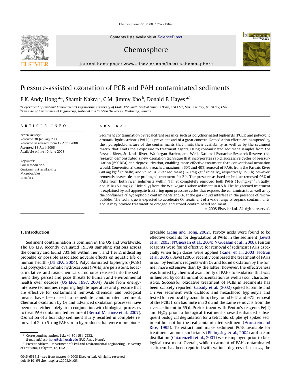 Pressure-assisted ozonation of PCB and PAH contaminated sediments