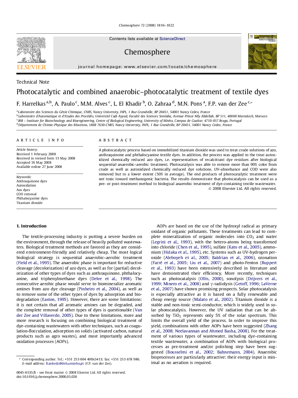 Photocatalytic and combined anaerobic–photocatalytic treatment of textile dyes