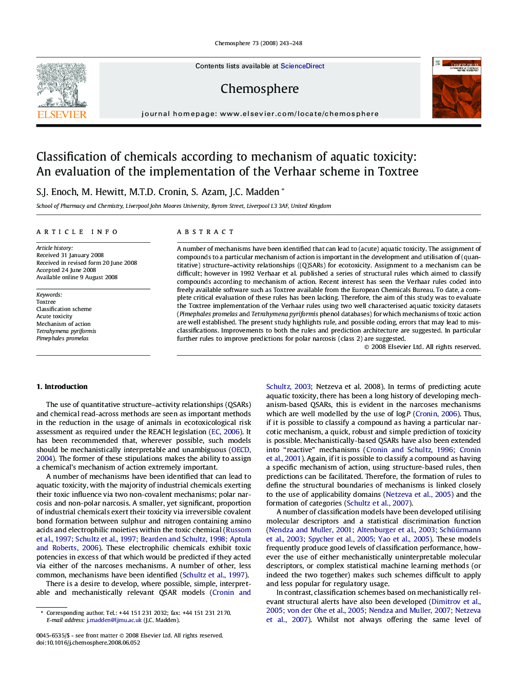 Classification of chemicals according to mechanism of aquatic toxicity: An evaluation of the implementation of the Verhaar scheme in Toxtree