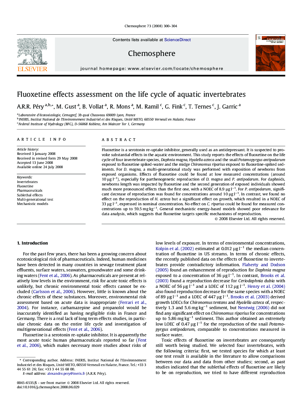 Fluoxetine effects assessment on the life cycle of aquatic invertebrates