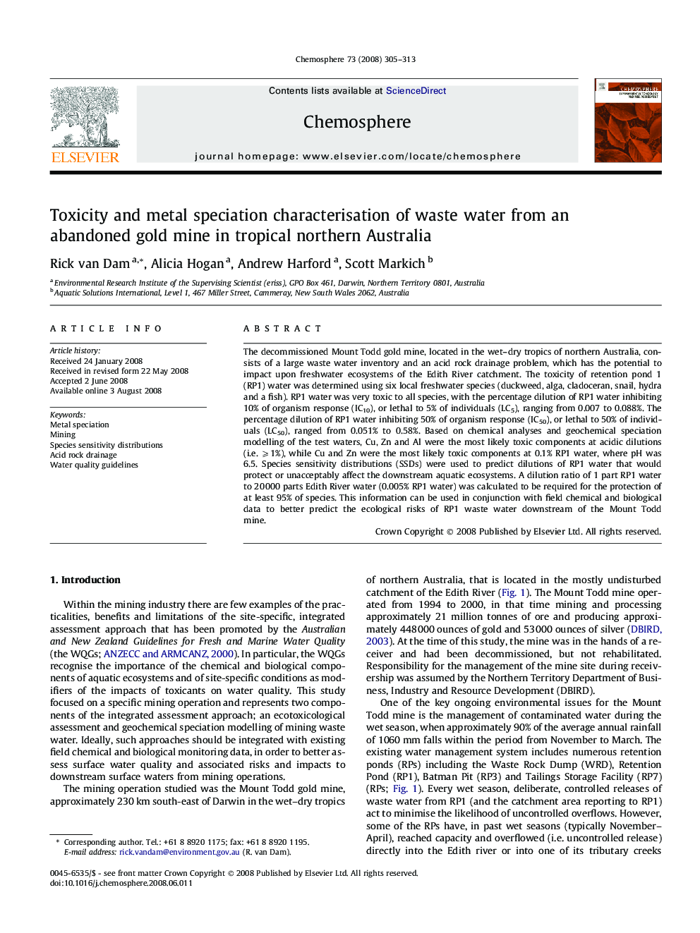 Toxicity and metal speciation characterisation of waste water from an abandoned gold mine in tropical northern Australia